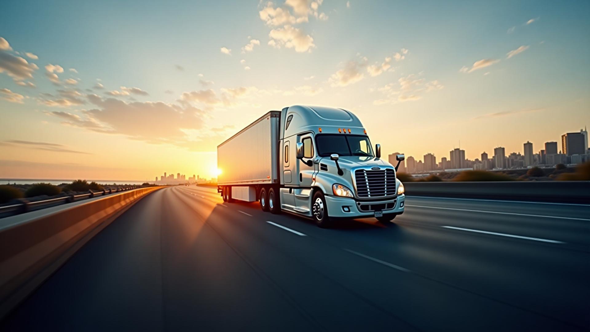 Modern ROK Heavy Haul Truck driving through New York at sunset