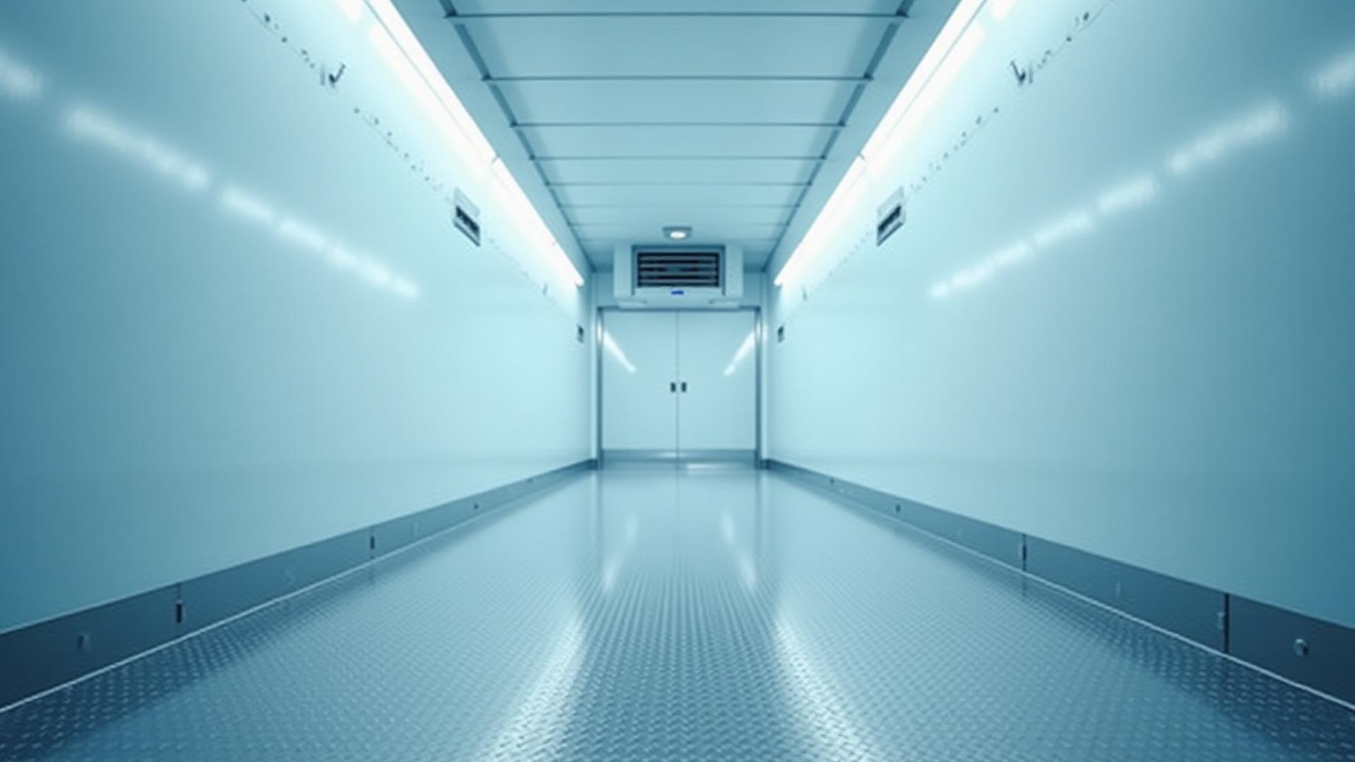 Ultra-clean interior of a modern refrigerated trailer with aluminum flooring