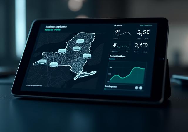 Logistics dashboard showing real-time temperature tracking and truck locations